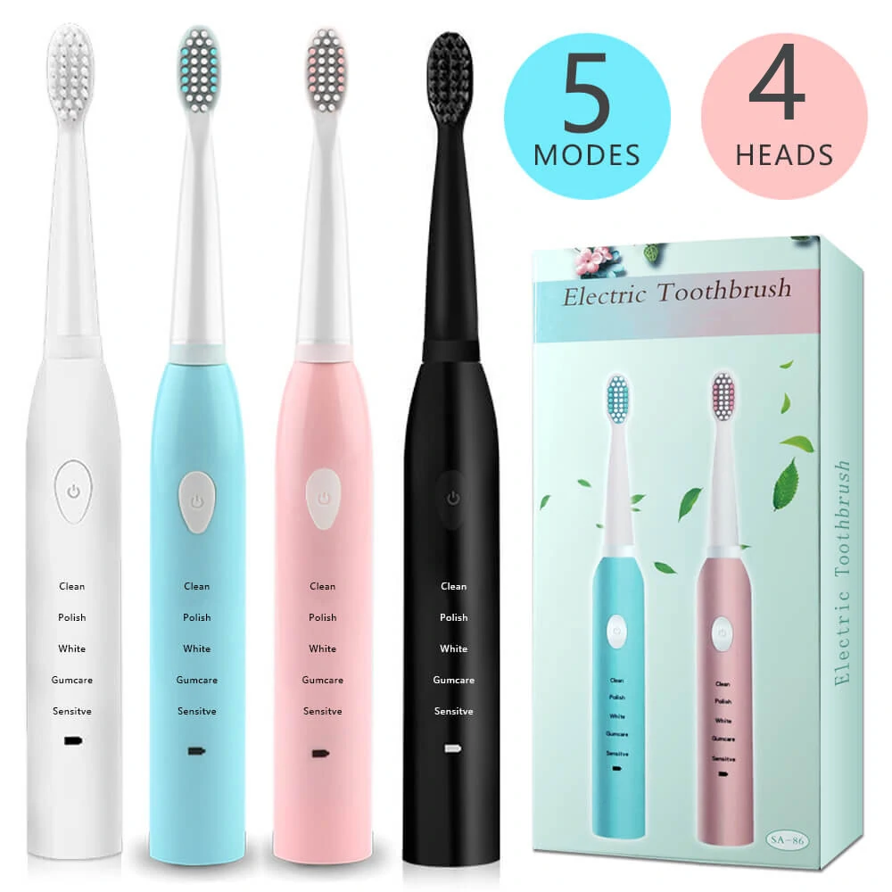 (image for) IPX7 Ultrasonic Electric Toothbrush 5 Modes USB Rechargeable Sonic Automatic Teeth Cleaner with 4 Brush Heads
